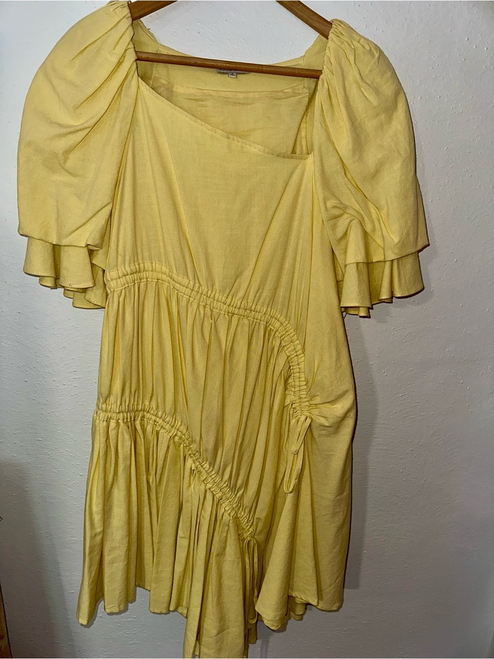 Moon River One-Shoulder Yellow Ruched Mini Dress